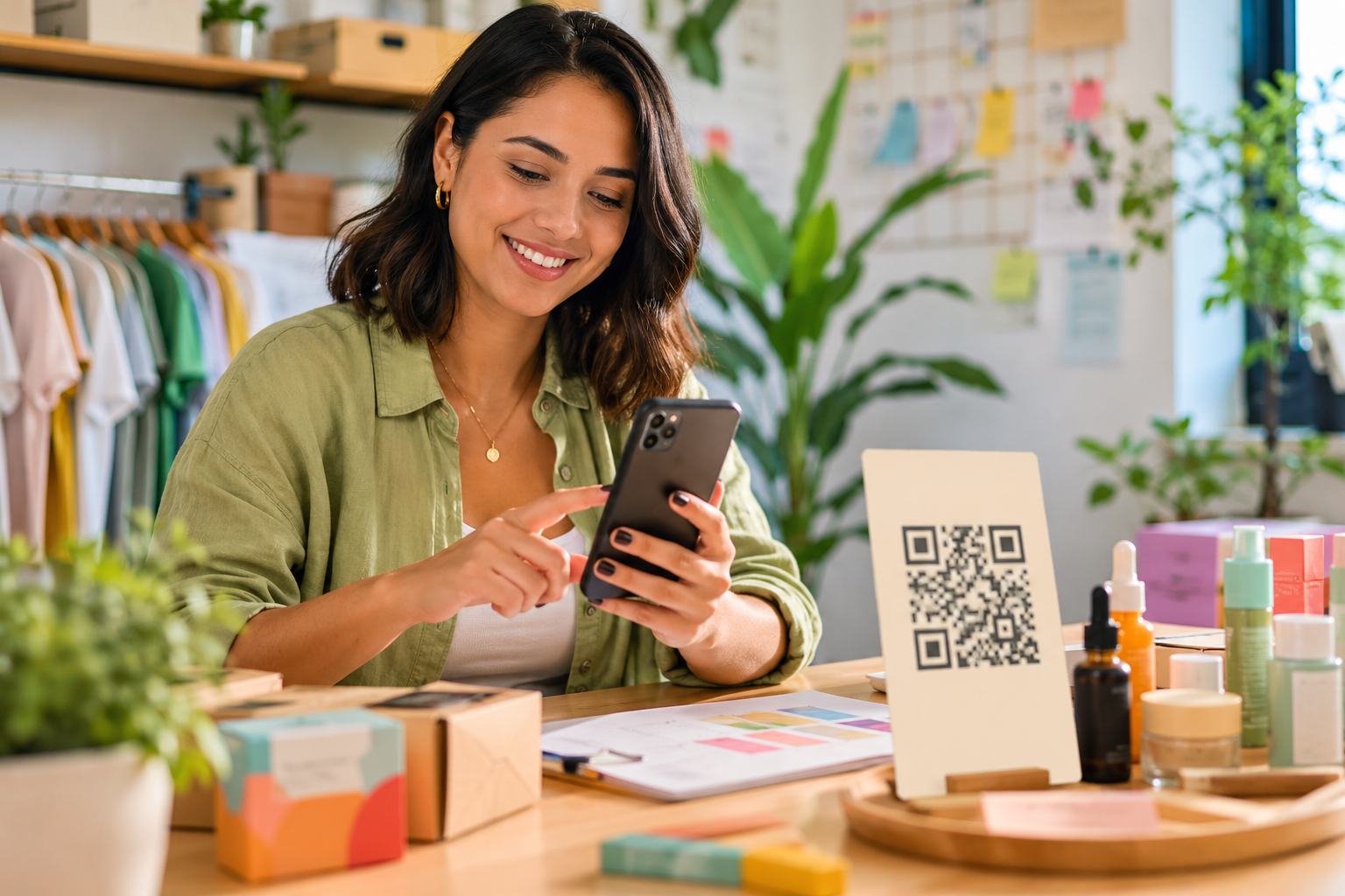 Empreendedora usando o celular para divulgar produtos com QR Code e link na bio